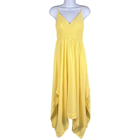 By The River NWT S Yellow Sleeveless Shirred Bodice Handkerchief Hem Maxi Dress - Picture 4 of 16